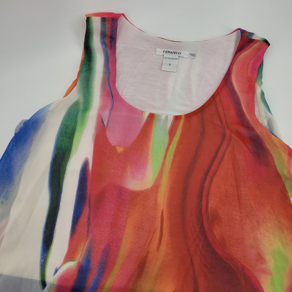 Feratelli Chiffon Sleeveless Blouse Size 8 Abstract Watercolor Boho Art-to-Wear